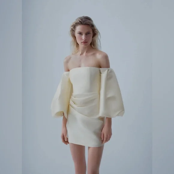 square neck long sleeve mini dress in ivory Zapaka Women A-Line Engagement Dress Ivory Mini Square Neckline Long Sleeves  Satin Wedding Reception Dress – ZAPAKA main image 0